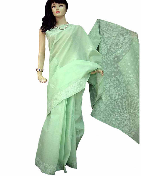 Pista Green Color Chikan Embroidered Saree