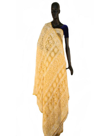 Light yellow Color Chikan Embroidered Saree