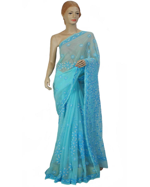 Blue Color Chikan Embroidered Saree