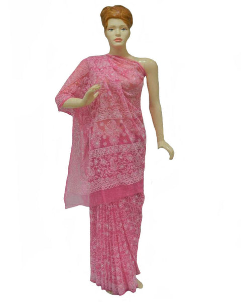 Deep Pink Color Chikan Embroidered Saree