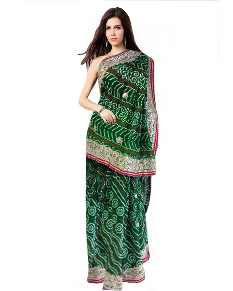 Green Color Gota Patti With Bandhni Print Saree