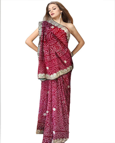 Maroon Color Gota Patti With Bandhni Print Saree
