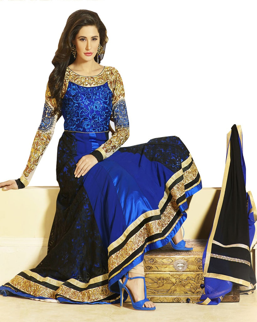 Royal Blue Printed With Embroidery Cotton Silk Anarkali Suit