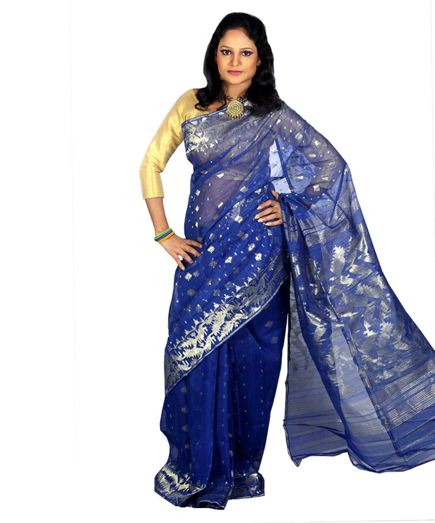 Royal Blue Cotton Silk Handwoven Soft Jamdani Saree – Charukriti