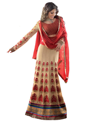 Beige/Red Color Net Lehenga