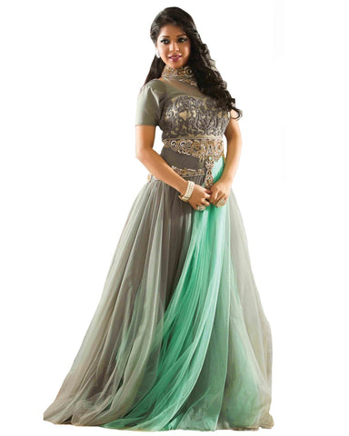 Marvelous Deep Cyan Blue & Gray Gown