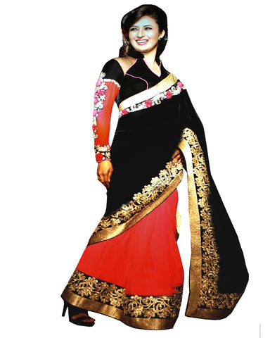 Black Red Georgette Half/Half Saree