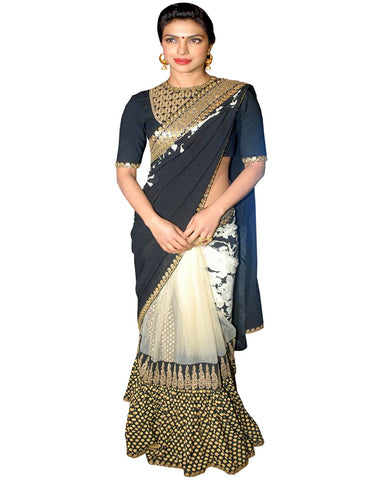 Priyanka Chopra Black Beige Saree