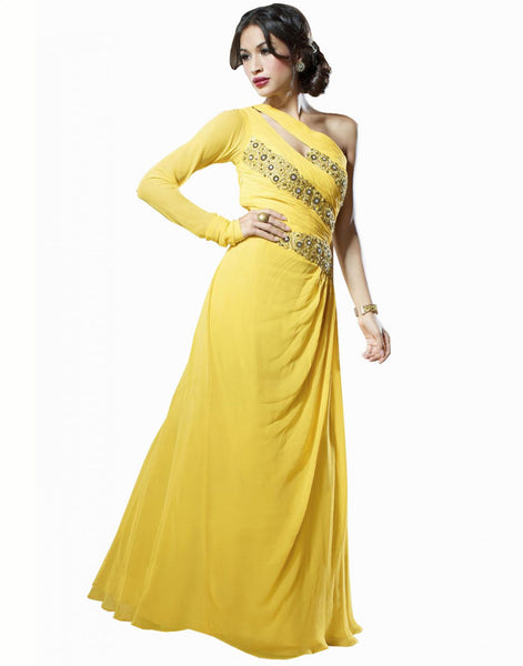 Yellow Color Net Fabric Designer Gown
