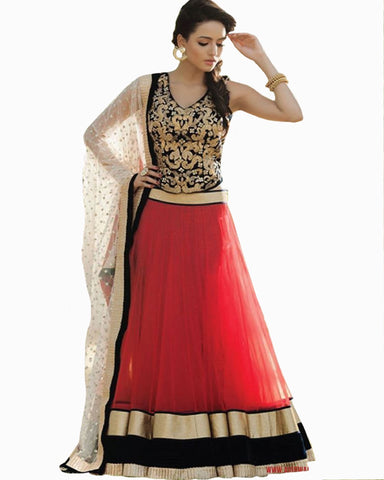 Red plain net anarkali lahenga