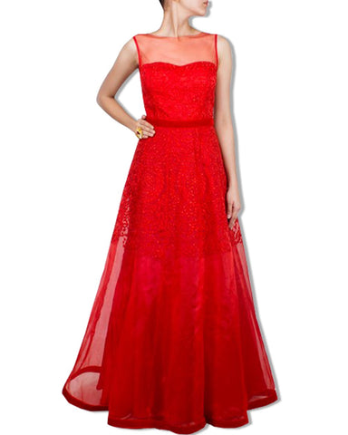 RED TULLE EMBROIDERED GOWN