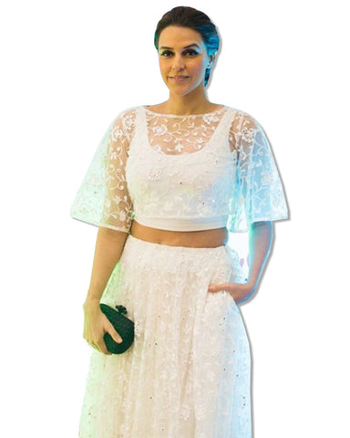 NEHA DHUPIA WHITE EMBROIDERED LAHENGA