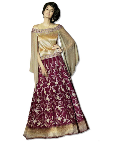 BURGUNDY-GOLD EMBROIDERED PEPLUM TOP AND SKIRT