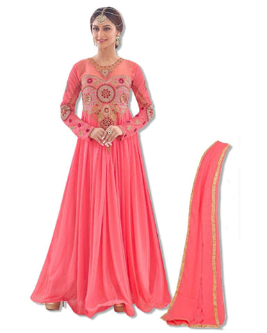 CORAL RED EMBROIDERED FLOOR LENGTH DRESS