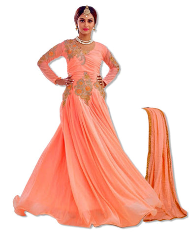 PEACH EMBROIDERED FLOOR LENGTH DRESS
