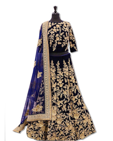 NAVY VELVET EMBOROIDERED LAHENGA