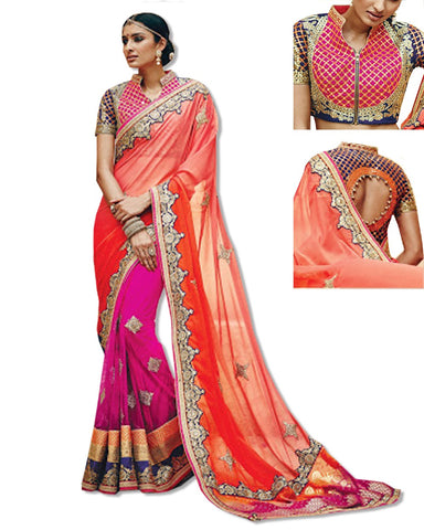 FUSCHIA AND CORAL  EMBROIDERED SARI