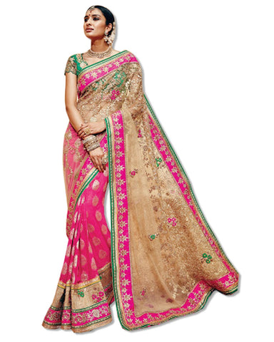 FUSCHIA AND GOLD  EMBROIDERED SARI