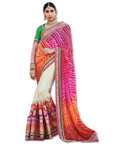 FUSCHIA AND OFF WHITE  EMBROIDERED SARI
