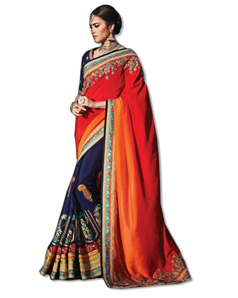 CORAL AND NAVY  EMBROIDERED SARI