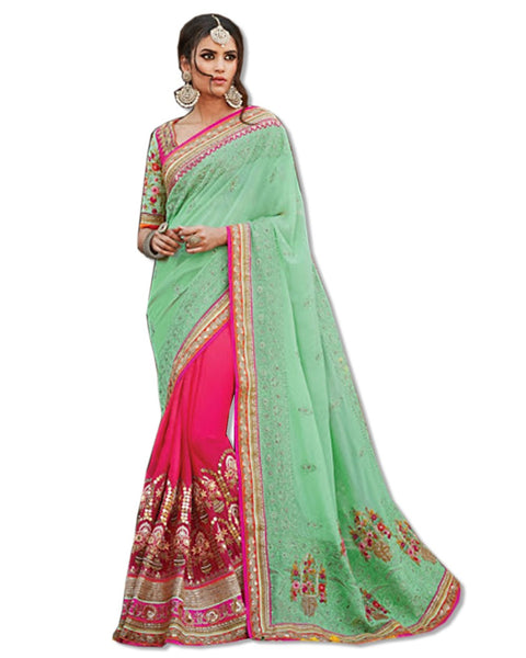 HOTPINK AND GREEN  EMBROIDERED SARI