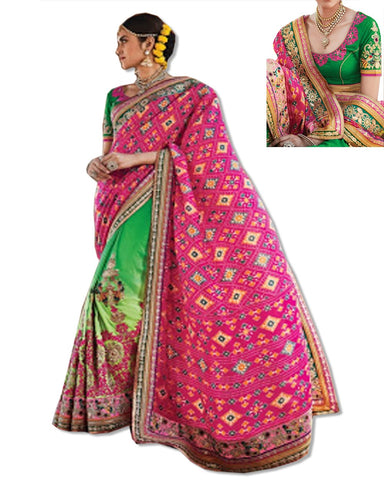 GREEN AND FUSCHIA  EMBROIDERED SARI