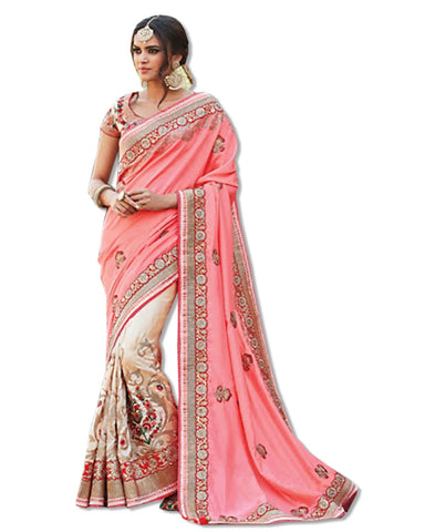 PEACH AND BEIGE  EMBROIDERED SARI