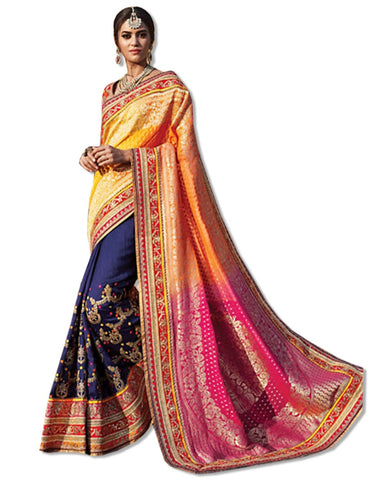 FUSCHIA AND NAVY  EMBROIDERED SARI