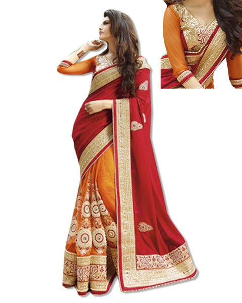 RED AND CORAL  EMBROIDERED SARI