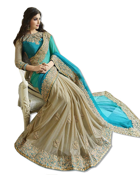TURQUOISE AND GOLD EMBROIDERED SARI