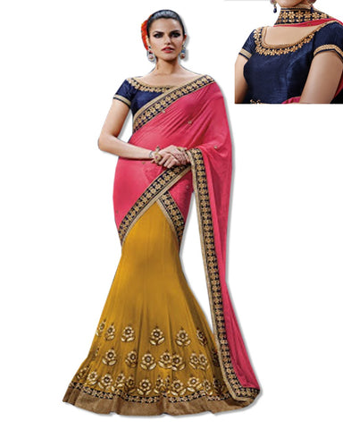 PEACH AND NAVY EMBROIDERED SARI