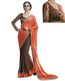 BROWN AND CORAL  EMBROIDERED SARI