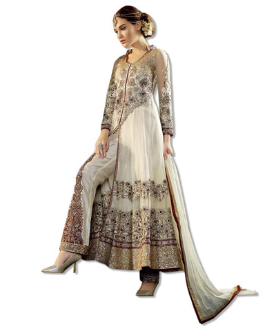 GEORGETTE EMBROIDERED FLOOR LENGTH BEIGE DRESS