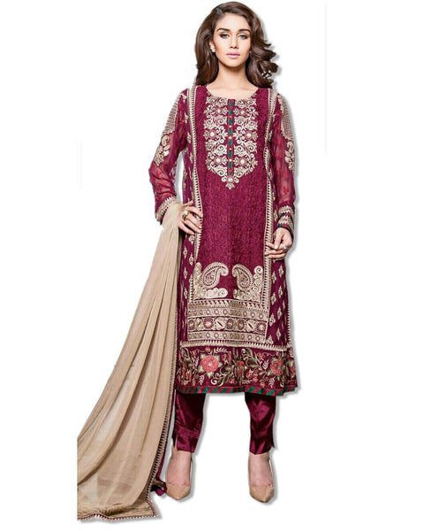 GEORGETTE EMBROIDERED BURGUNDY SUIT