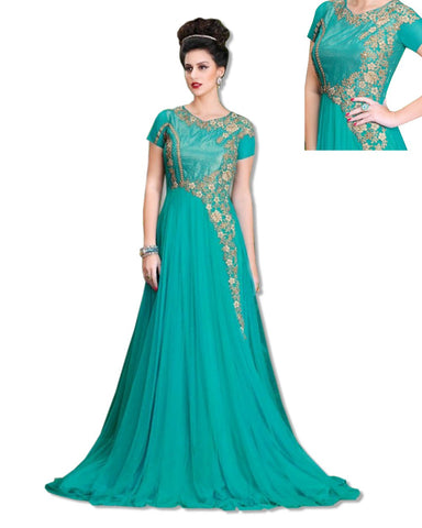 GEORGETTE EMBROIDERED FLOOR LENGTH BLUE DRESS