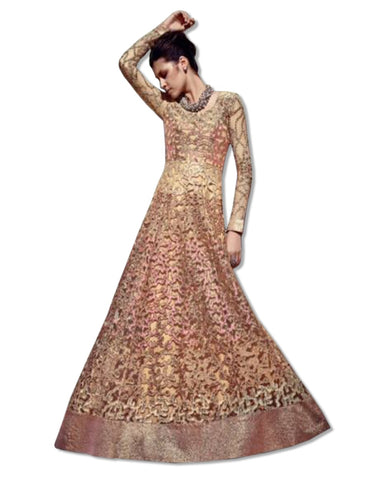 NET EMBROIDERED FLOOR LENGTH GOLD DRESS