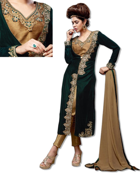 GEORGETTE EMBROIDERED BOTTLE GREEN SUIT