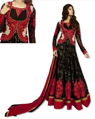 GEORGETTE EMBROIDERED FLOOR LENGTH BLACK RED DRESS