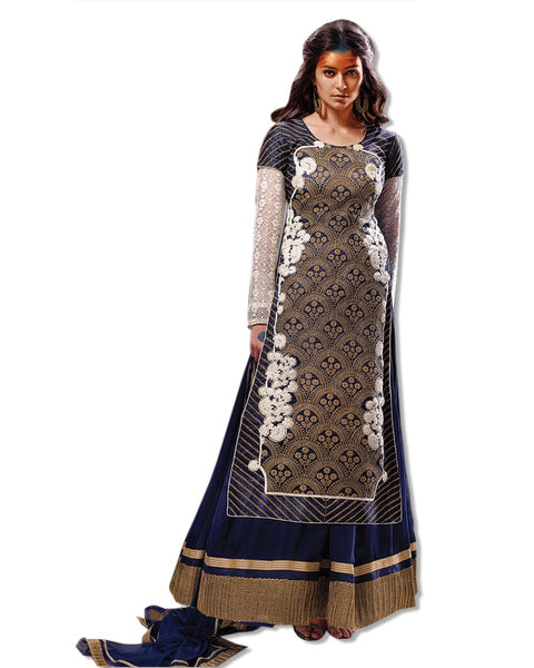 NAVY GREY GEORGETTE EMBROUIDERED LAHENGA SUIT