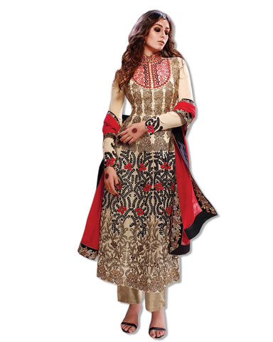 BEIGE RED GEORGETTE EMBROIDERED ANARKALI SUIT