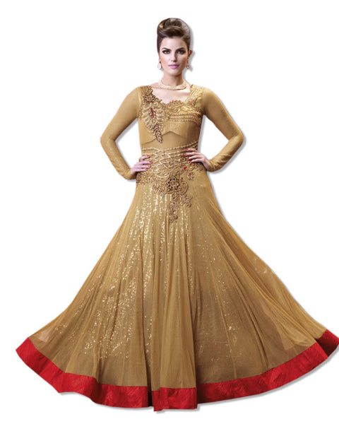 GOLD/RED GEORGETTE EMBROIDERED FLOOR LENGTH DRESS