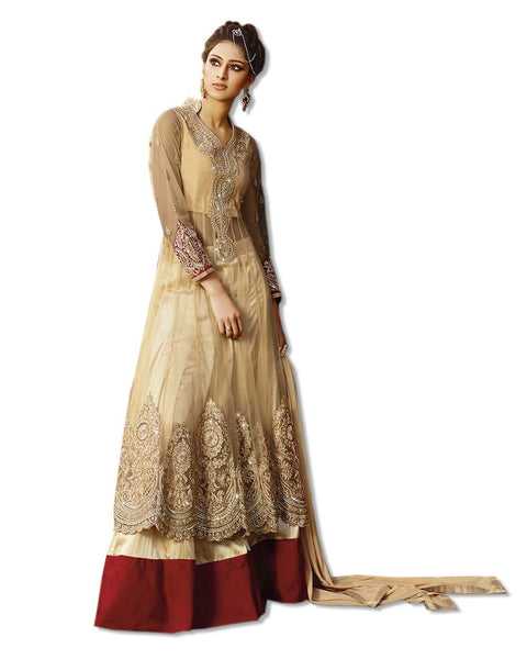 GOLD/RED NET EMBROIDERED FLOOR LENGTH DRESS