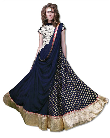 NAVY BLUE NET EMBROIDERED FLOOR LENGTH DRESS