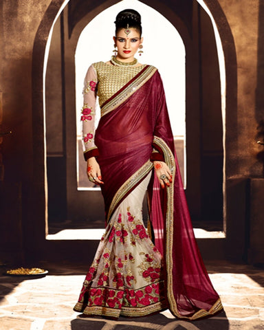 Designer Red white Saree