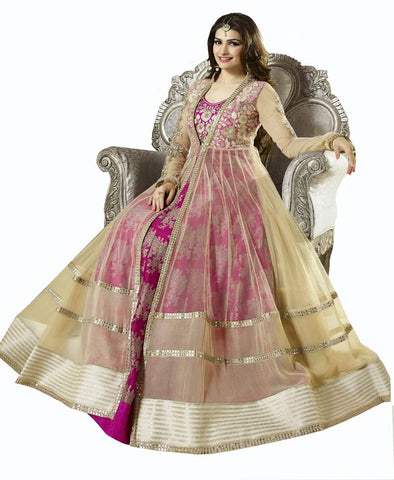 Orange Fab Pink Embroidery Crepe Net Anarkali Suit