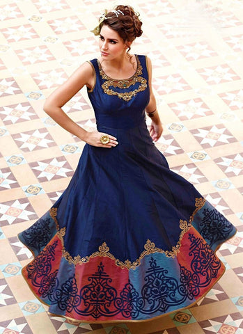 Blue Raw Silk Partywear Anarkali Suit