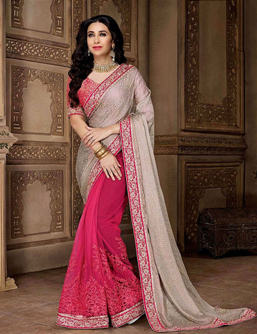 Grey & Pink Chiffon & Net Heavy Embroidered Saree