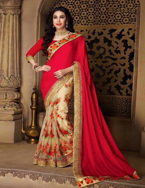 Karishma Kapoor Satin Chiffon Party Wear Saree In Red And Beige