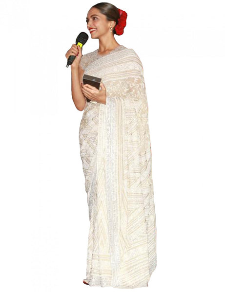 Deepika Padukone Georgette Party Wear Saree In Off White Colour