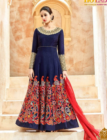 Party Wear Blue Cotton Silk Salwar Suit